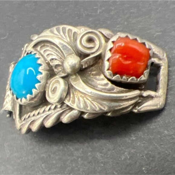 Vintage Watch Band Tips Extenders Sterling Silver Coral Turquoise Southwest - Picture 2 of 6